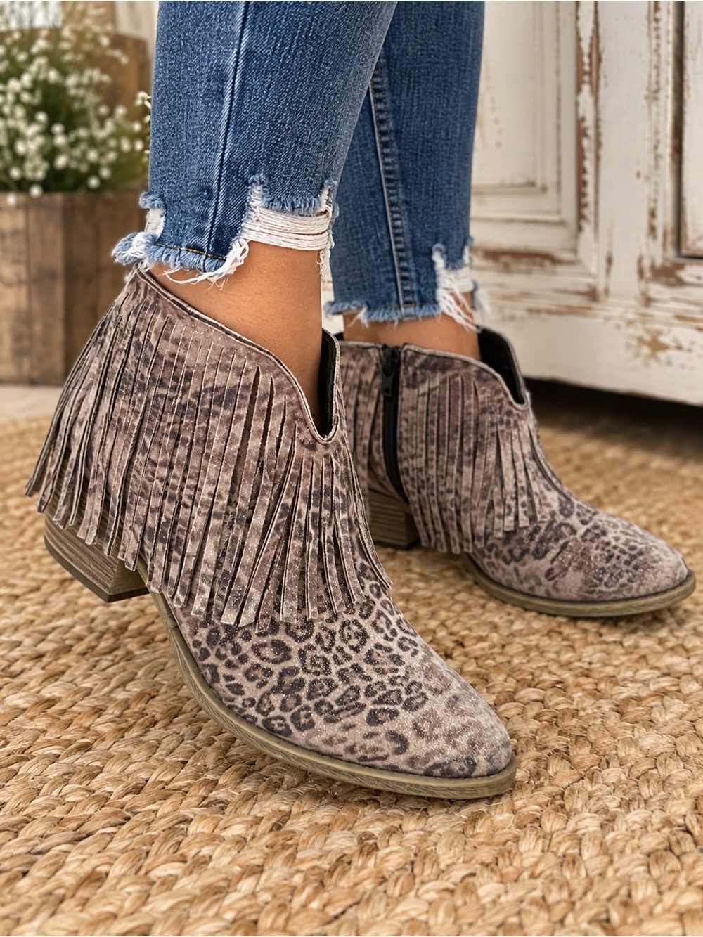 Very G Late Night Fringe Leopard Print Ankle Boots - size 7